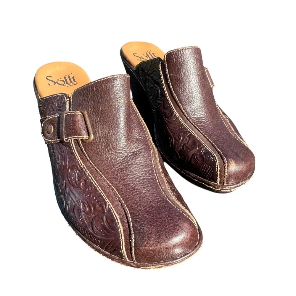 Söfft Tooled Brown Leather Slip-On Heeled‎ Mules Women's 7 - Picture 16 of 16